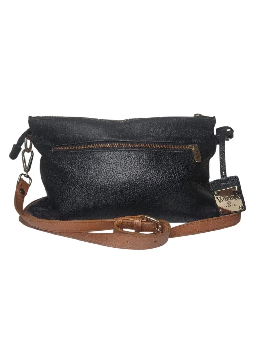 Valentina Black Leather Crossbody with Tan Strap and Gold Hardware